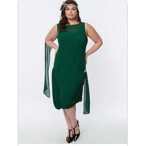 Unique Vintage 1920s Flapper Dress Emerald Green with Peacock Headband Sz L# 37
